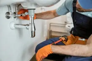 Plumbing repair technician working under a sink