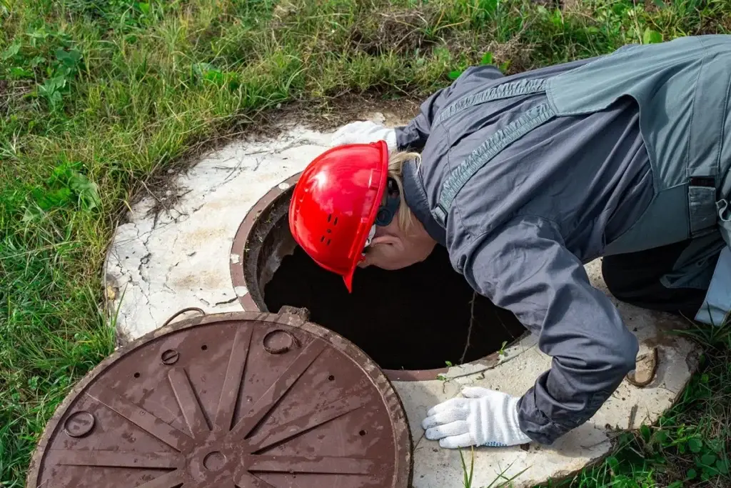 Technician inspecting a residential sump pump pit