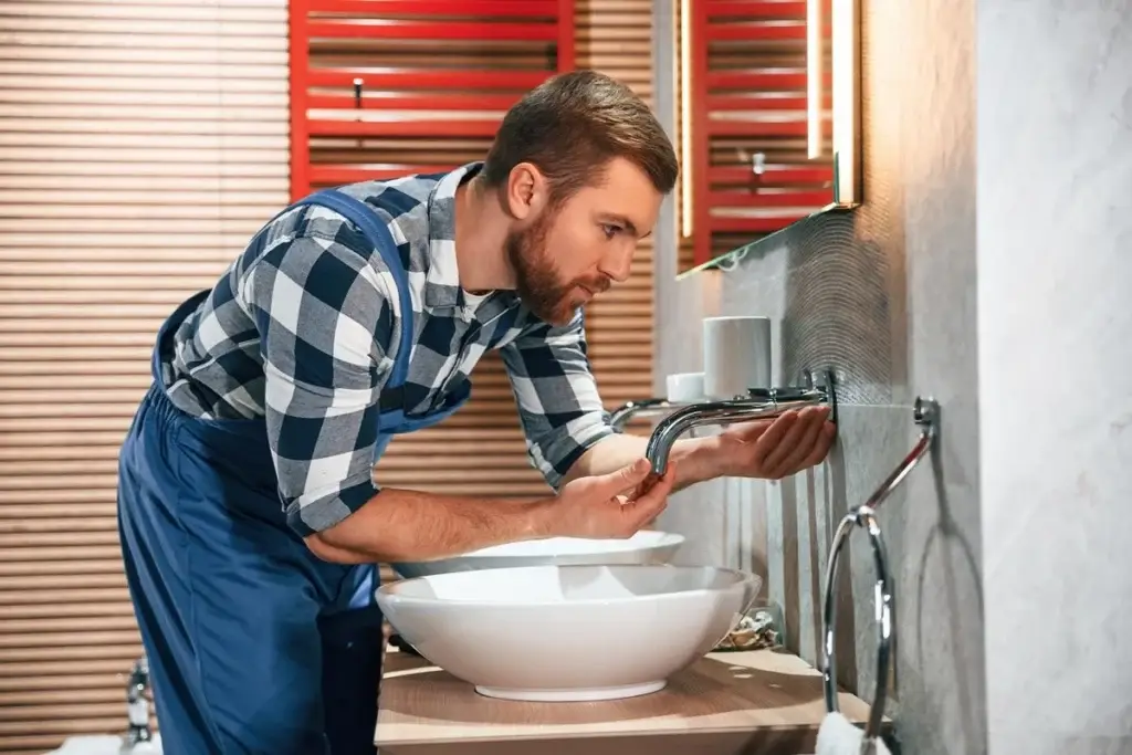 Plumber repairing a residential kitchen faucet